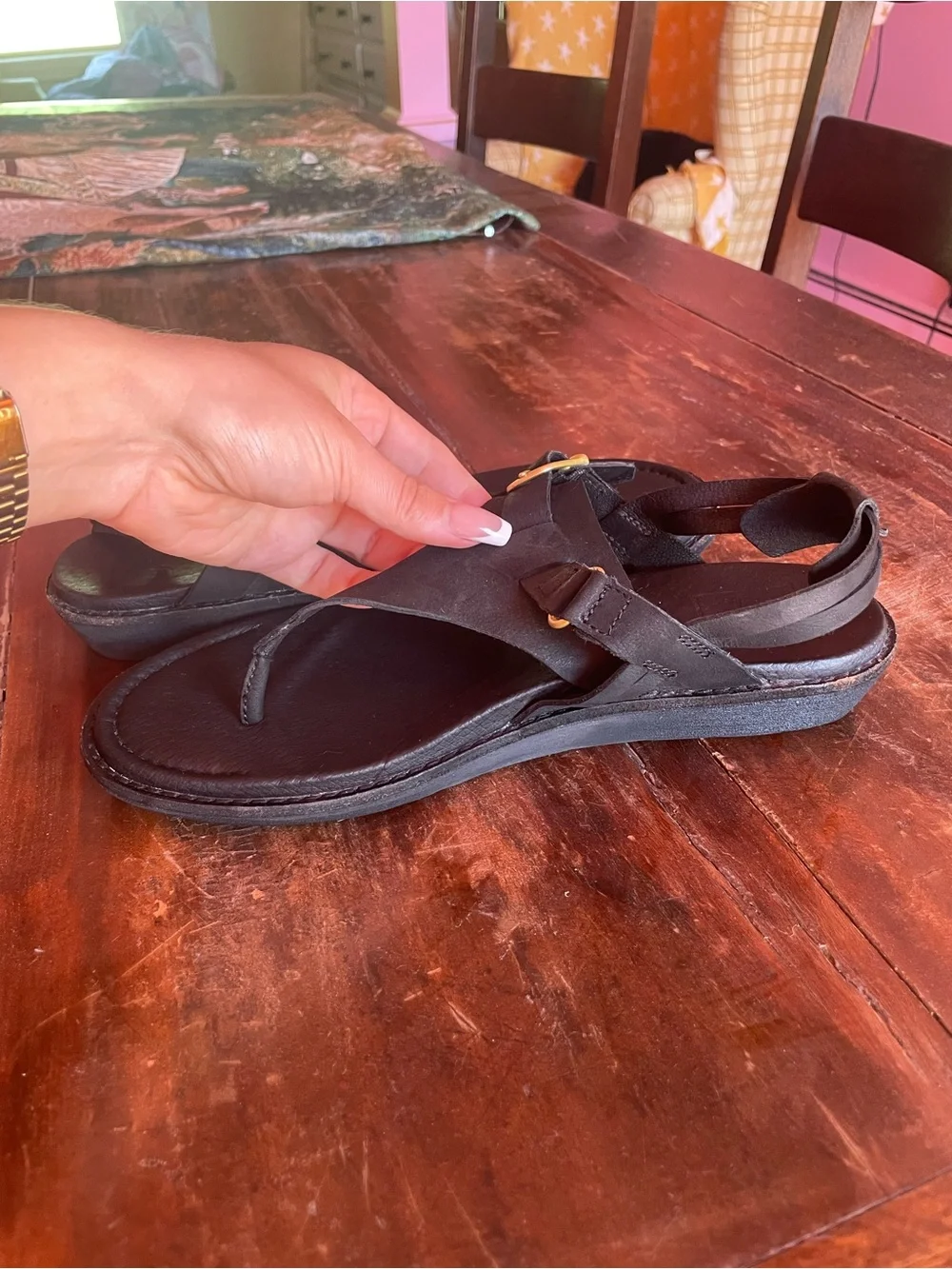 Teva Black Leather Thong Sandals with Gold Buckles